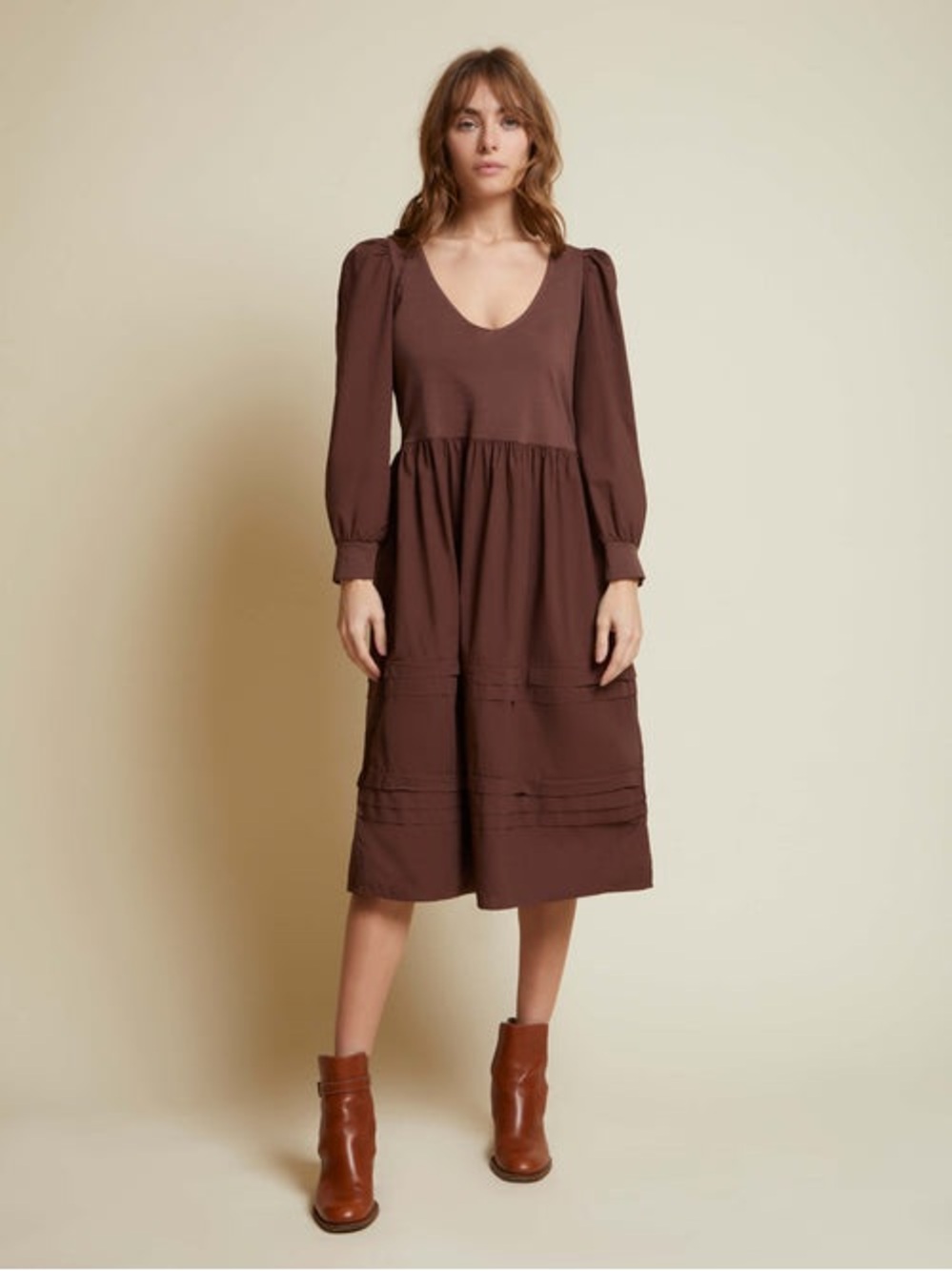 Nation LA LTD Mahal Plum Brown Long Sleeve Cotton Midi Dress Size Medium
